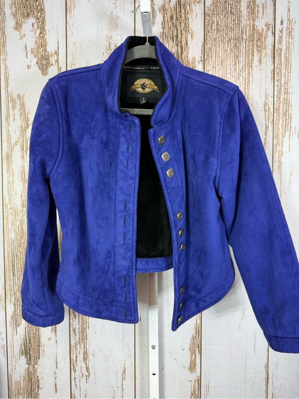 County Clothing Co, Suede-Style Military Button Jacket in Royal Blue. Size Small